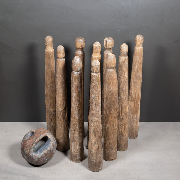 19th c. Hand Carved Lignum Vitae Bowling Ball and Pins c.1800s