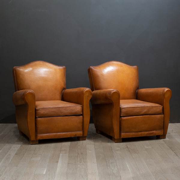 Pair of French Leather Club Mustache Chairs c.1930-1940