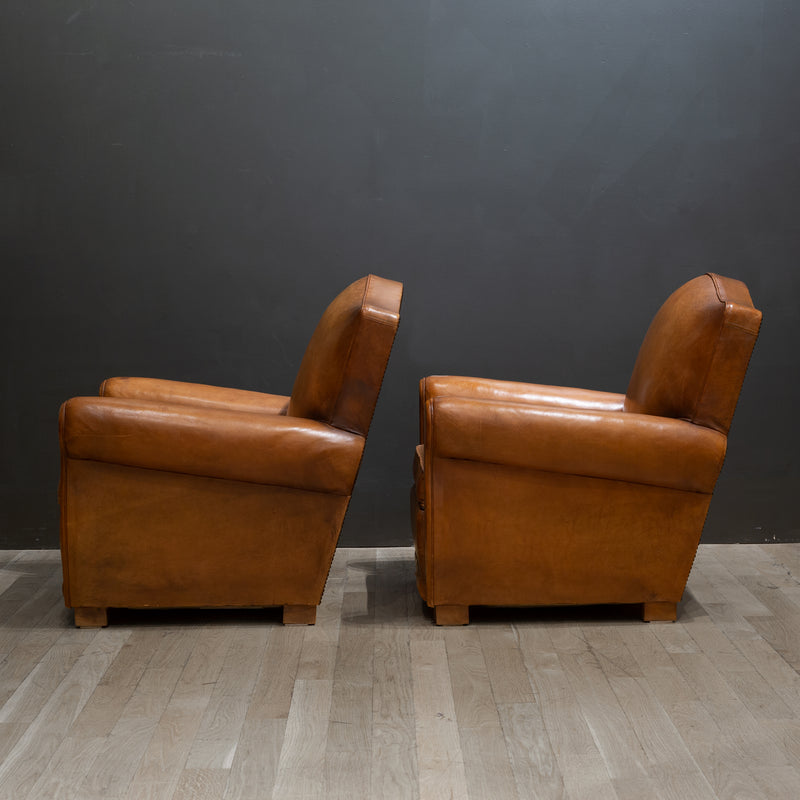 Pair of French Leather Club Mustache Chairs c.1930-1940