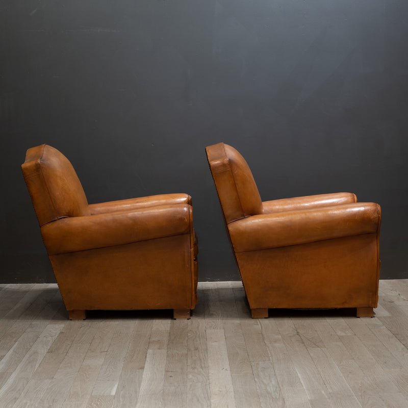 Pair of French Leather Club Mustache Chairs c.1930-1940