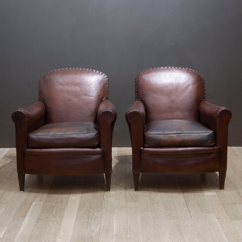 Antique French Sheep Hide Club Chairs c.1920