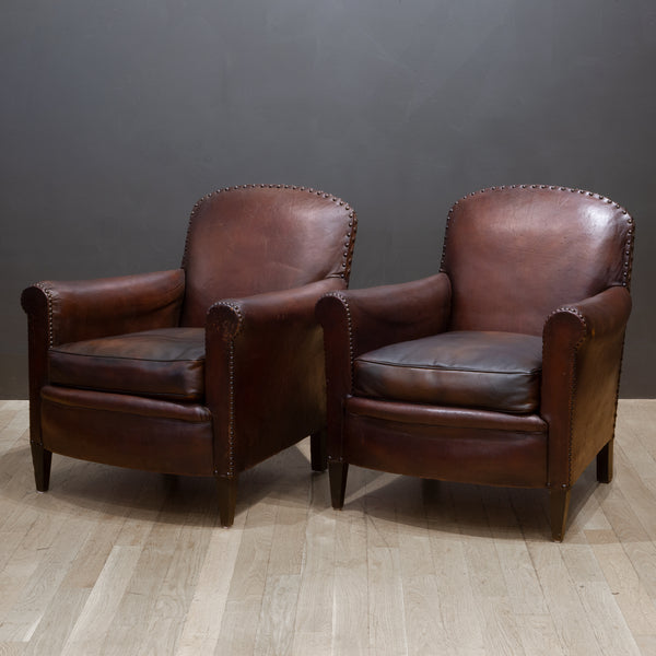 Antique French Sheep Hide Club Chairs c.1920
