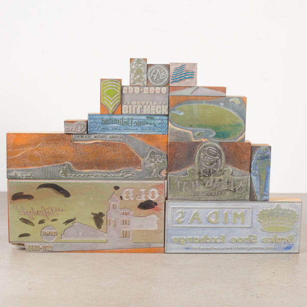 Collection of Blue and Green Typeset Advertising Print Blocks c.1940
