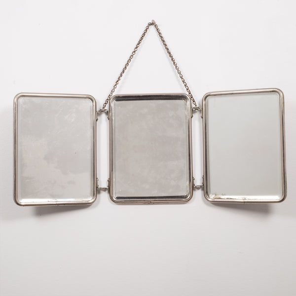 French Nickel Tri-Fold Barber's Shaving Mirror c.1900-1920