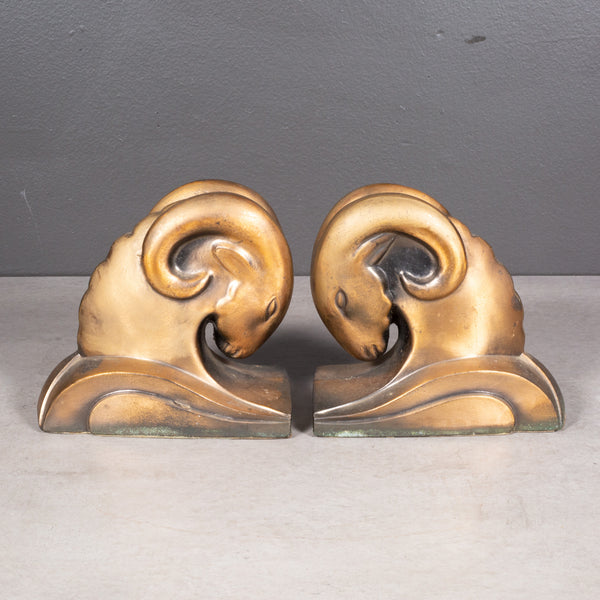 Art Deco Copper Plate Ram Head Bookends by Cornell Foundry c.1930