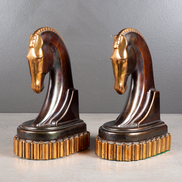 Oversized Art Deco Bronze & Copper Plated Trojan Horse Bookends c.1930