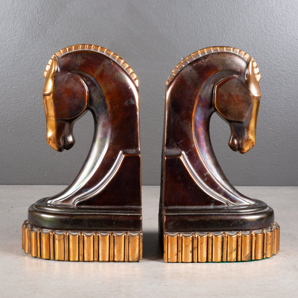Oversized Art Deco Bronze & Copper Plated Trojan Horse Bookends c.1930