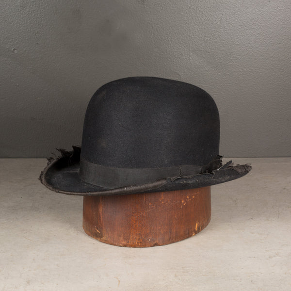 Antique Wool Bowler Hat with Leather Trim c.1920-1940