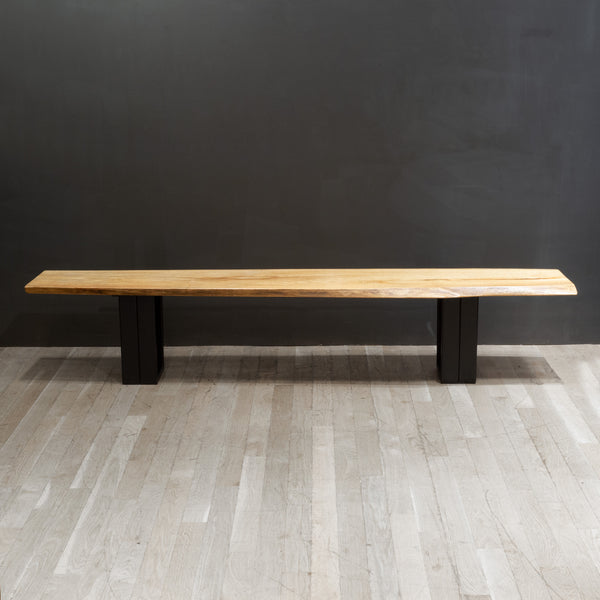 Large Custom Live Edge Hickory and Steel Bench