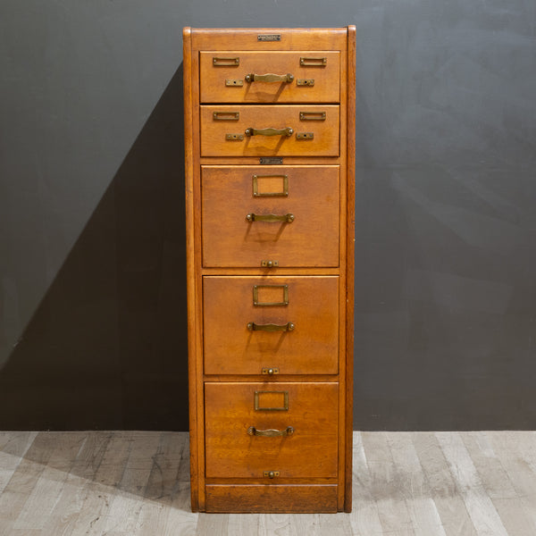 Antique Five Drawer Oak and Brass File Cabinet c.1930