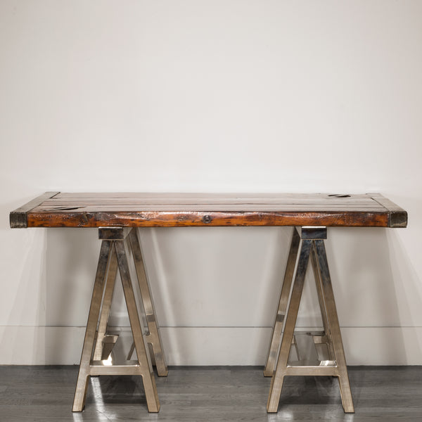 Tudor Oak and Steel Ship Hatch Desk with Polished Nickel Trestle Legs c.1910