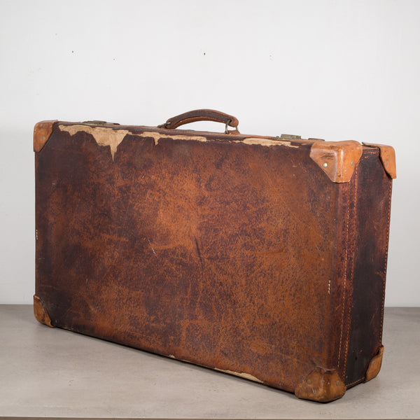 Distressed Leather Suitcase with Brass Locks c.1940