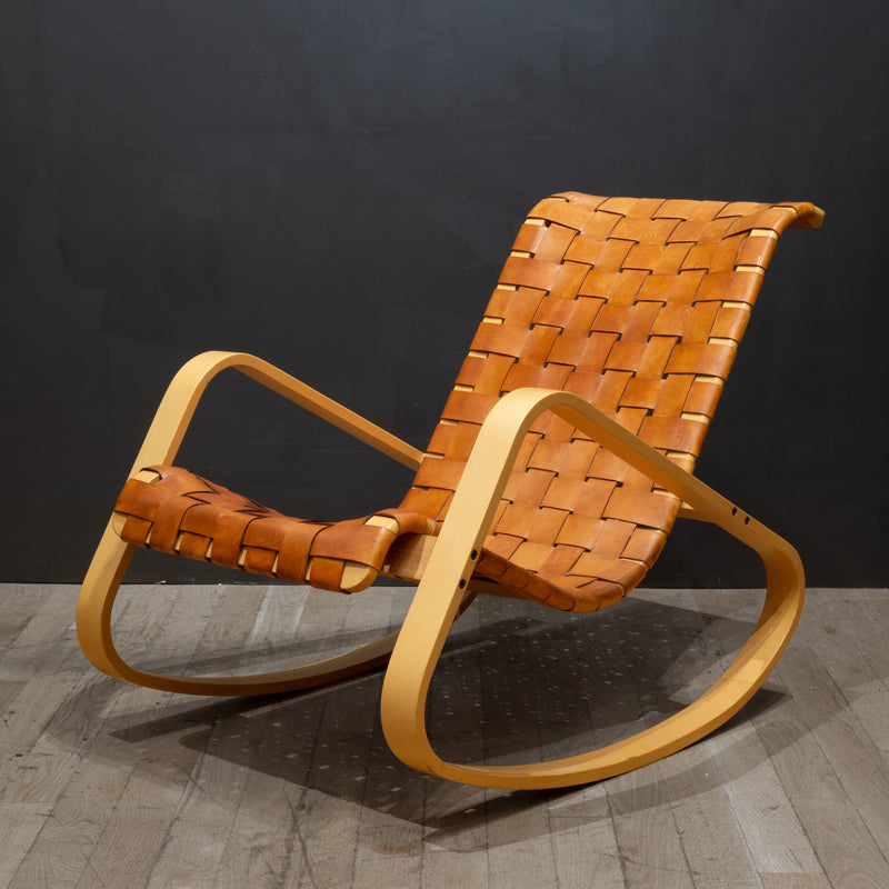 Vintage "Dondolo" Bentwood and Woven Leather Rocking Chair for Crassevig c.1970