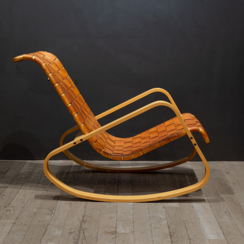 Vintage "Dondolo" Bentwood and Woven Leather Rocking Chair for Crassevig c.1970