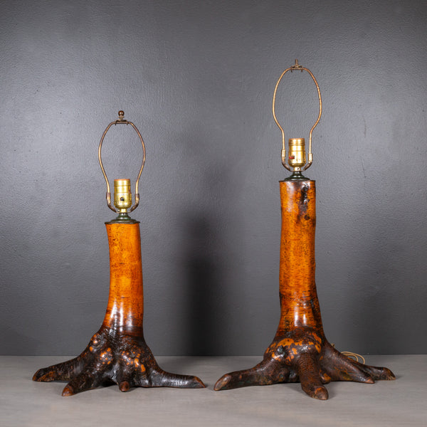 Early 20th c. Tree Trunk Lamps with Bronze Collars c.1920-1940