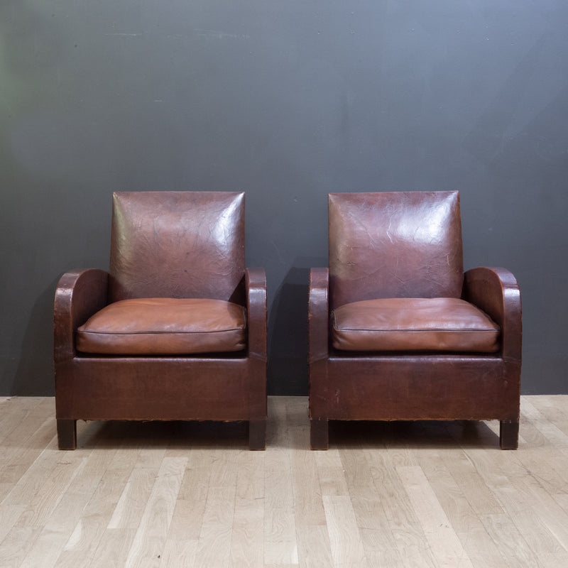 Pair of French Square Back Leather Club Chairs c.1940