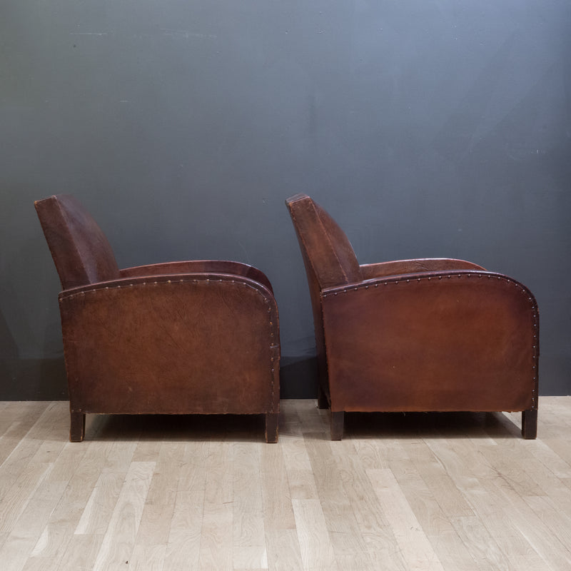 Pair of French Square Back Leather Club Chairs c.1940