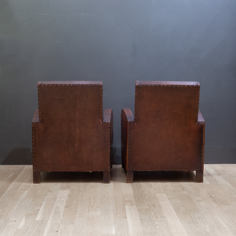 Pair of French Square Back Leather Club Chairs c.1940