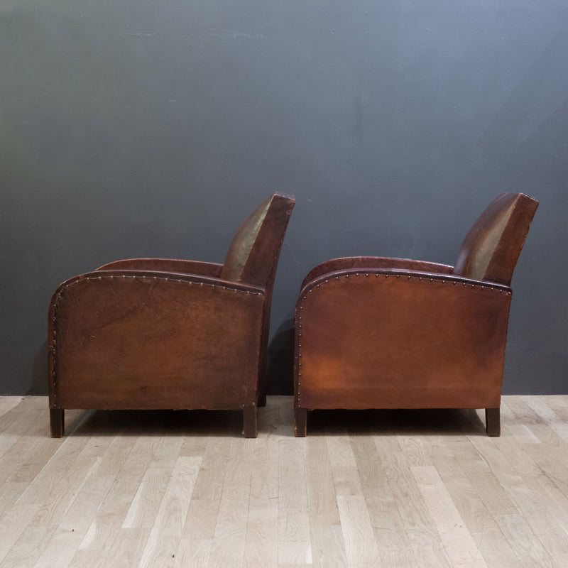Pair of French Square Back Leather Club Chairs c.1940