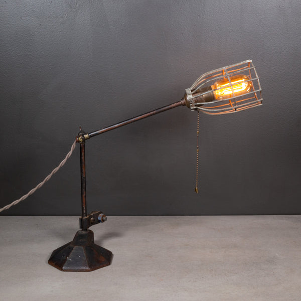 19th c. Adjustable Cast Iron Caged Table Lamp