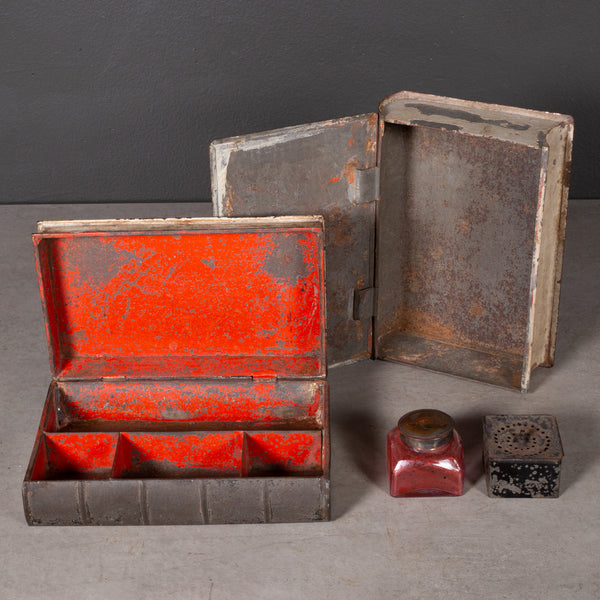 Antique Distressed Metal Faux Books with Travel Ink Well c.1900-1920