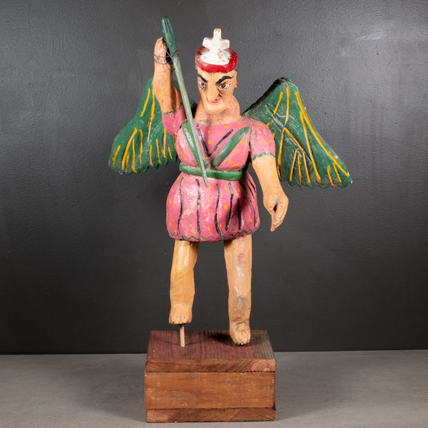 Hand Carved Mexican Folk Art Archangel on Custom Stand c.1940-1970