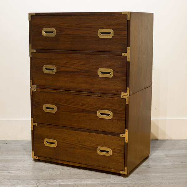 Oak and Brass Campaign Chest Nightstand Dresser C.1960