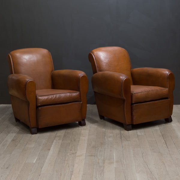 Pair of French Petite Rollback Sheep Hide Club Chairs c.1940