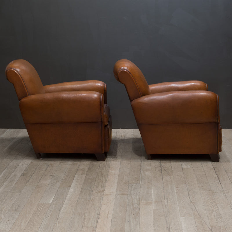 Pair of French Petite Rollback Sheep Hide Club Chairs c.1940