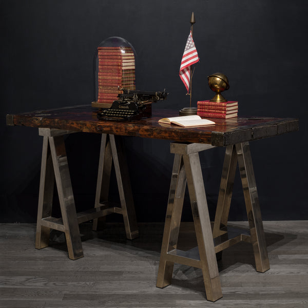 Tudor Oak and Steel Ship Hatch Desk with Polished Nickel Trestle Legs c.1910
