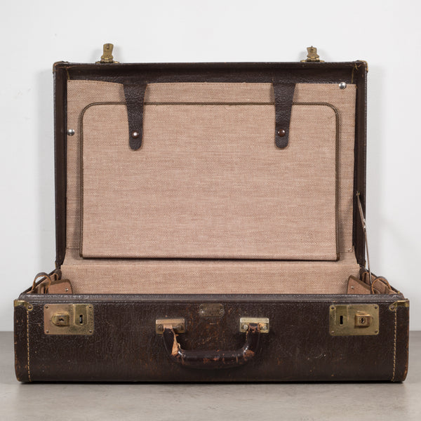 Vintage Leather Overnight Luggage with Herringbone Interior C.1940