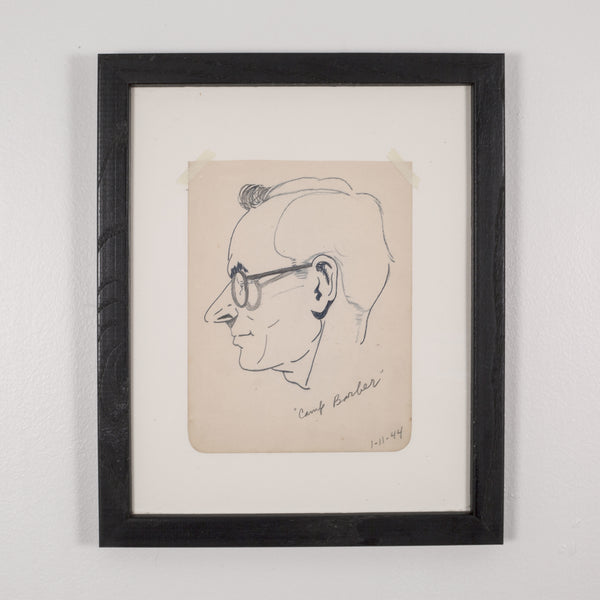 World War Era Sketched Profile of Man Title "Camp Barber" by J. Thomas c.1944