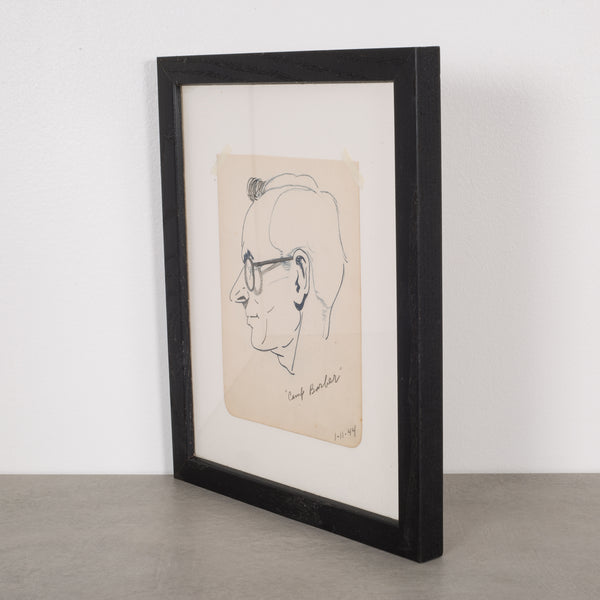 World War Era Sketched Profile of Man Title "Camp Barber" by J. Thomas c.1944